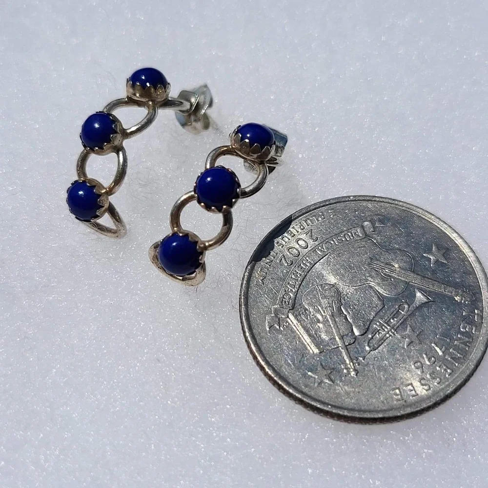 Vintage 925 Sterling Silver Lapis Lazuli J-Hoop Earrings Blue Cabochon Small